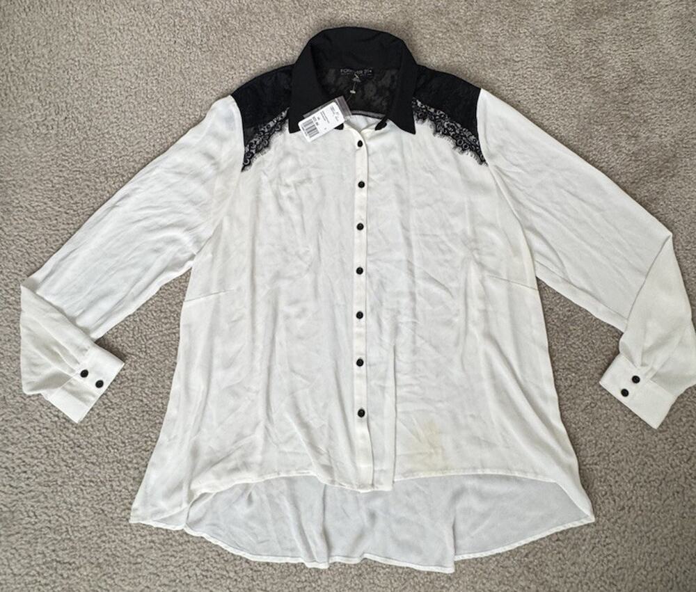 Forever 21 Plus 3X Cream Black Lace Shoulder Button Down Blouse Sheer NWT
